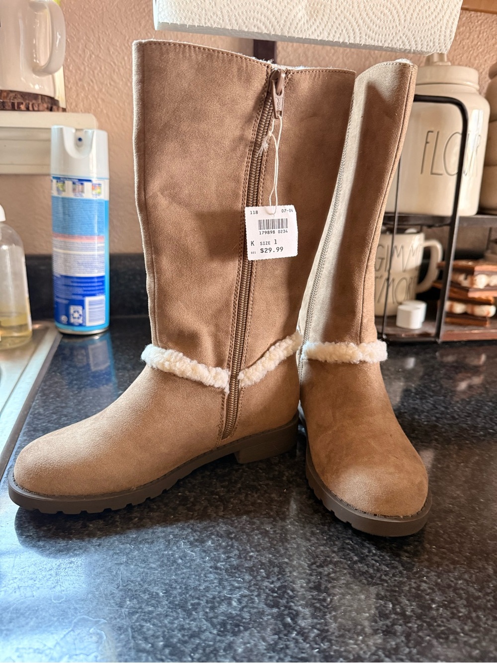 Kids Tan Faux Suede Mid-Calf Winter Boots with Shearling Trim